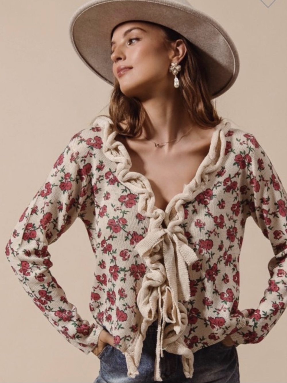So Me Floral Ruffle-Trim Knit Cardigan - Cream with Pink Roses